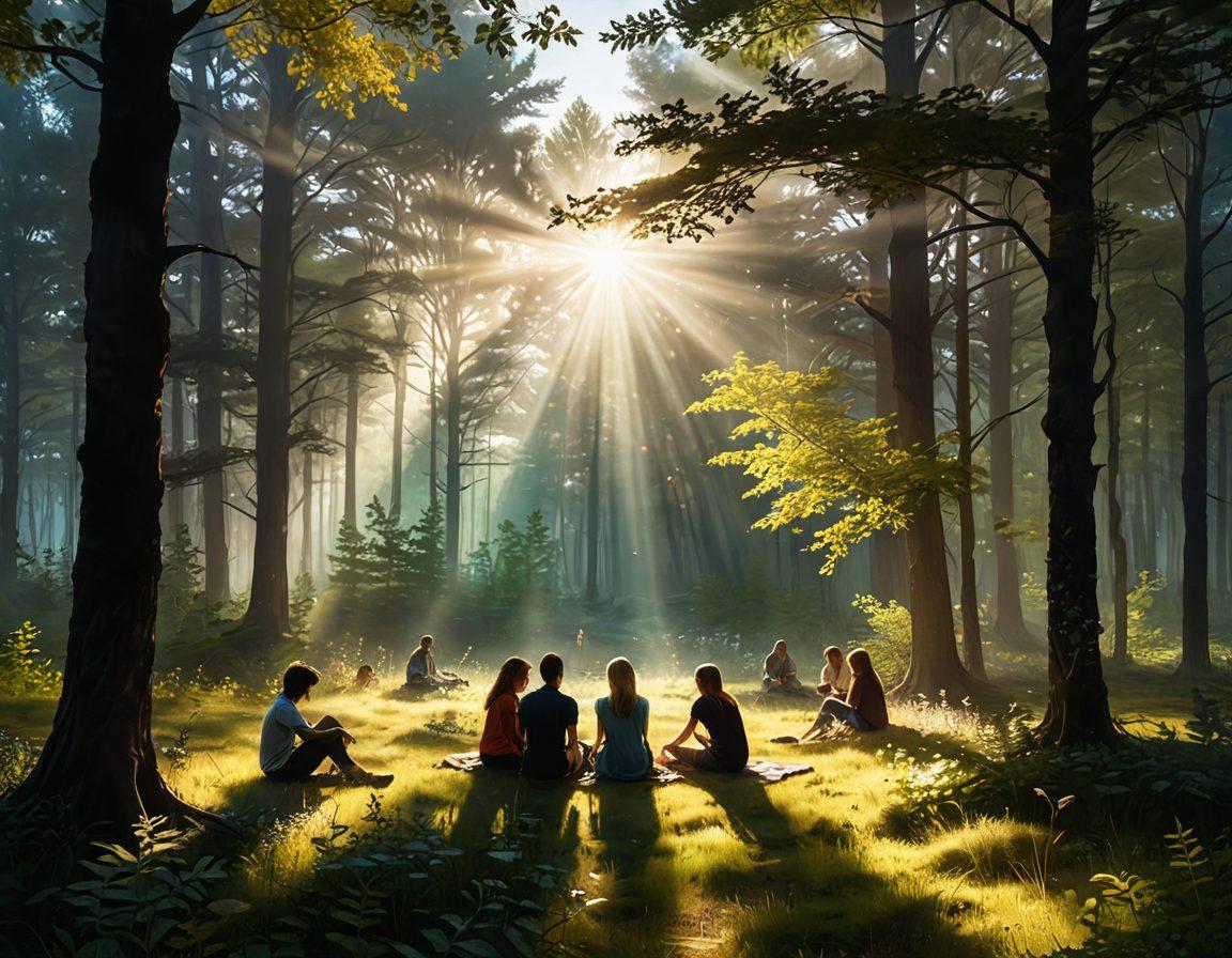 A serene landscape transitioning from dark, shadowy forest on one side to a bright, sunlit meadow on the other. In the foreground, a diverse group of people engaging in heartfelt conversation and support, symbolizing peer connection. Soft rays of sunlight breaking through the trees, casting a warm glow. The atmosphere should evoke feelings of hope and transformation. vibrant colors. super-realistic.