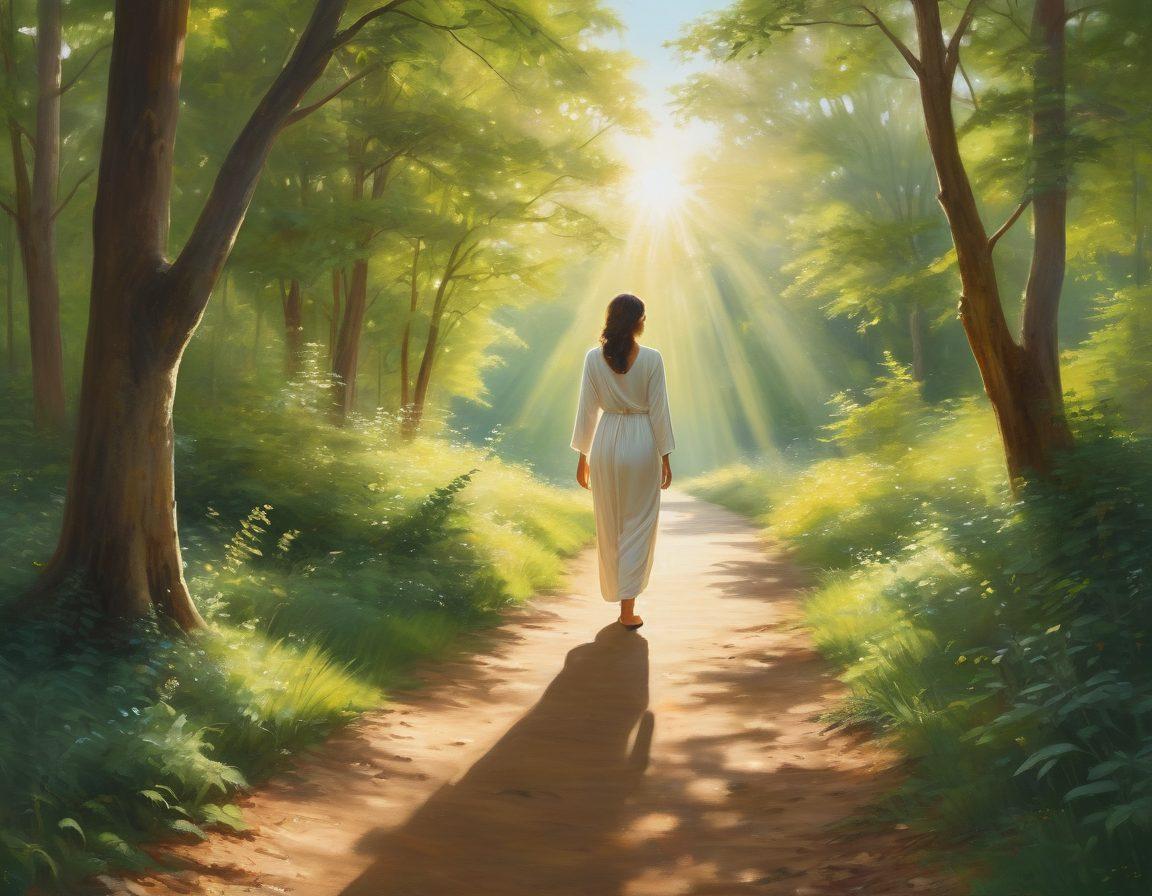 A serene figure standing on a peaceful path, surrounded by soft shadows and gentle rays of light breaking through trees, symbolizing hope and self-compassion. Diverse groups of people in the background, sharing smiles and support. Warm, soothing colors to evoke a sense of calm and community. super-realistic. vibrant colors. gentle lighting.