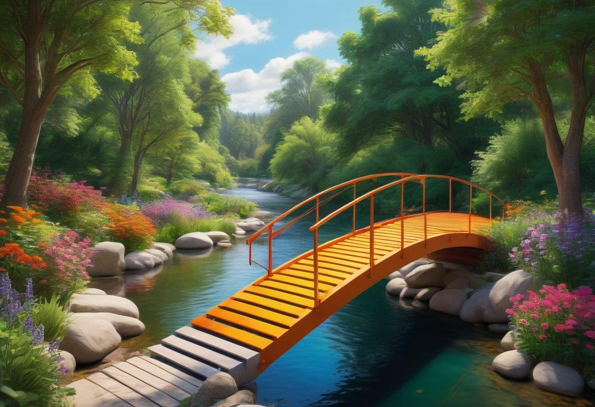 A diverse group of people working together to build a colorful bridge, symbolizing unity and support. Surrounding the scene are lush green trees and flowers, representing growth and mental wellness. In the background, a calm river flows, reflecting positive energy and resilience. The sky is bright with soft sunlight casting a warm glow on the scene. super-realistic. vibrant colors. 3D.
